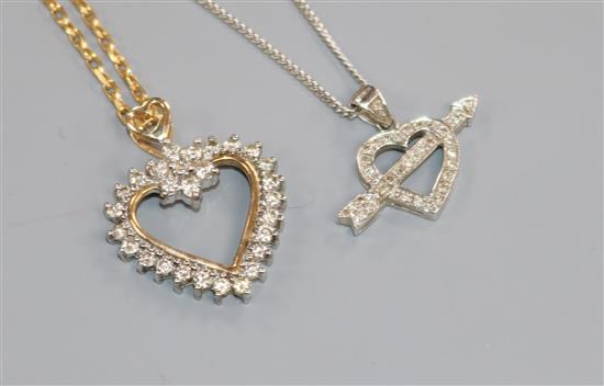 A 9ct white gold and diamond arrow and heart pendant on 9ct white gold chain and a 9ct gold and diamond heart pendant